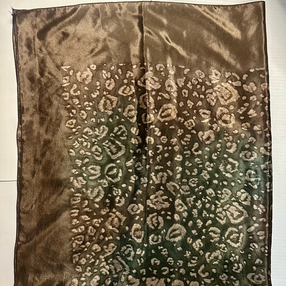 Large Water Silk Brown & Green Patterned Scarf Wrap, 42” x 48”